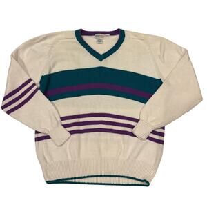 Vintage Izod Sweater Mens Size XL White Striped V Neck Knit Preppy 90s Old Money
